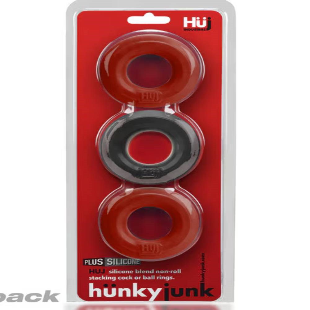 Hunkyjunk HUJ3 Stretchy Cock Ring 3 Pack Pink/Tar - - Stretchy Cock Rings