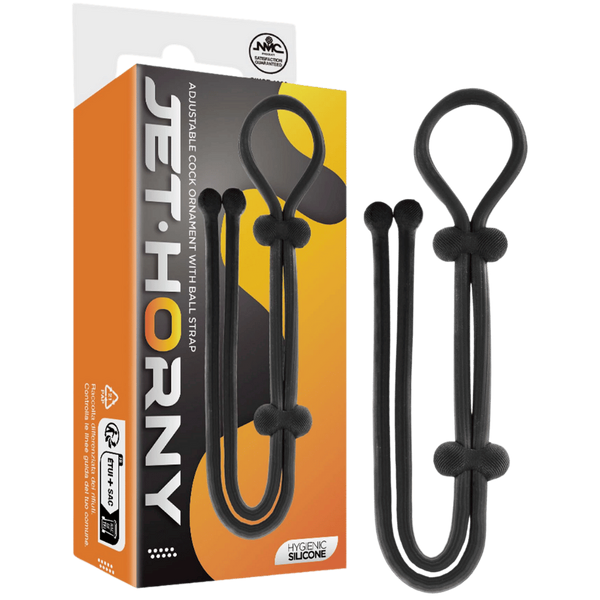 Jet Horny Adjustable Cock Ring with Ball Strap Black - - Stretchy Cock Rings
