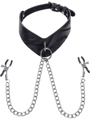 Sportsheets Velvet Noir Collar and Removable Clamps - Collars and Leads