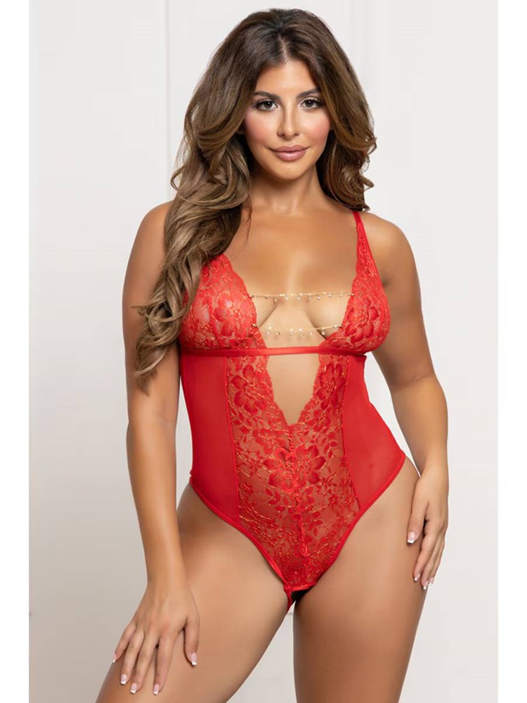 Seven 'til Midnight Mesh Teddy with Open Crotch Red - - Teddies and Bodysuits