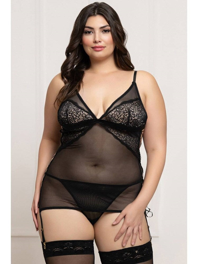 Seven 'til Midnight 2 Piece Lace and Mesh Chemise Set Black - - BabyDolls And Chemises