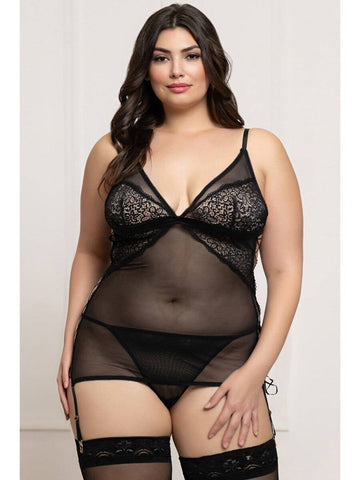 Seven 'til Midnight 2 Piece Lace and Mesh Chemise Set Black - BabyDolls And Chemises
