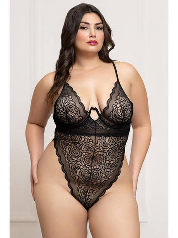 Seven 'til Midnight Floral Lace Womens Teddy Black - Teddies and Bodysuits