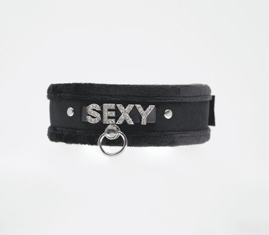 Love In Leather Diamante Sexy Fluffy Bondage Collar - Collars and Leads
