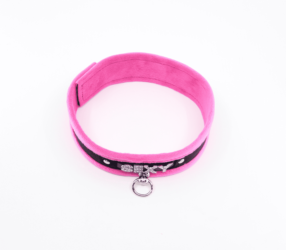 Love In Leather Diamante Sexy Fluffy Bondage Collar - Pink - Collars and Leads