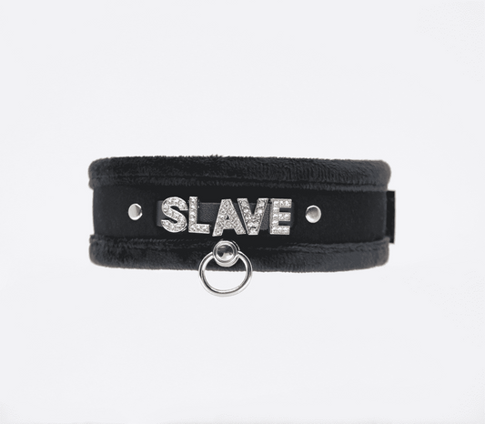 Love In Leather Diamante Slave Fluffy Fetish Collar - Collars and Leads
