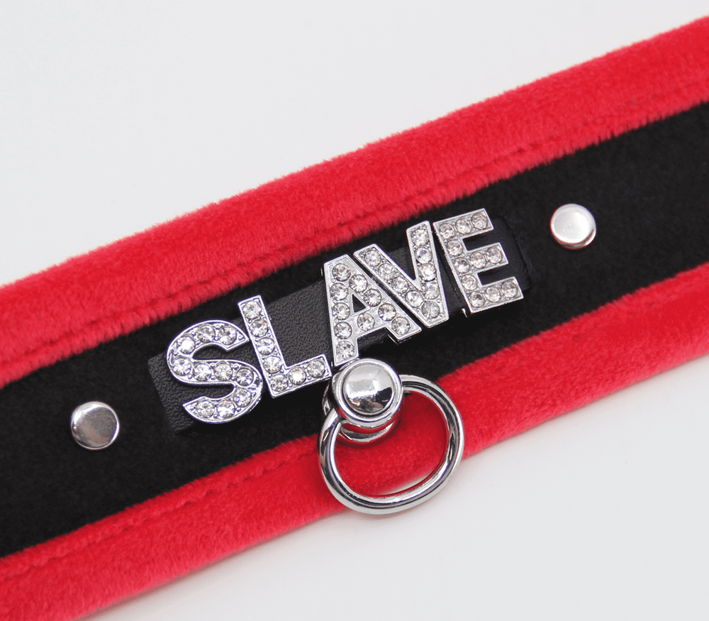 Love In Leather Diamante Slave Fluffy Fetish Collar - Red - Collars and Leads