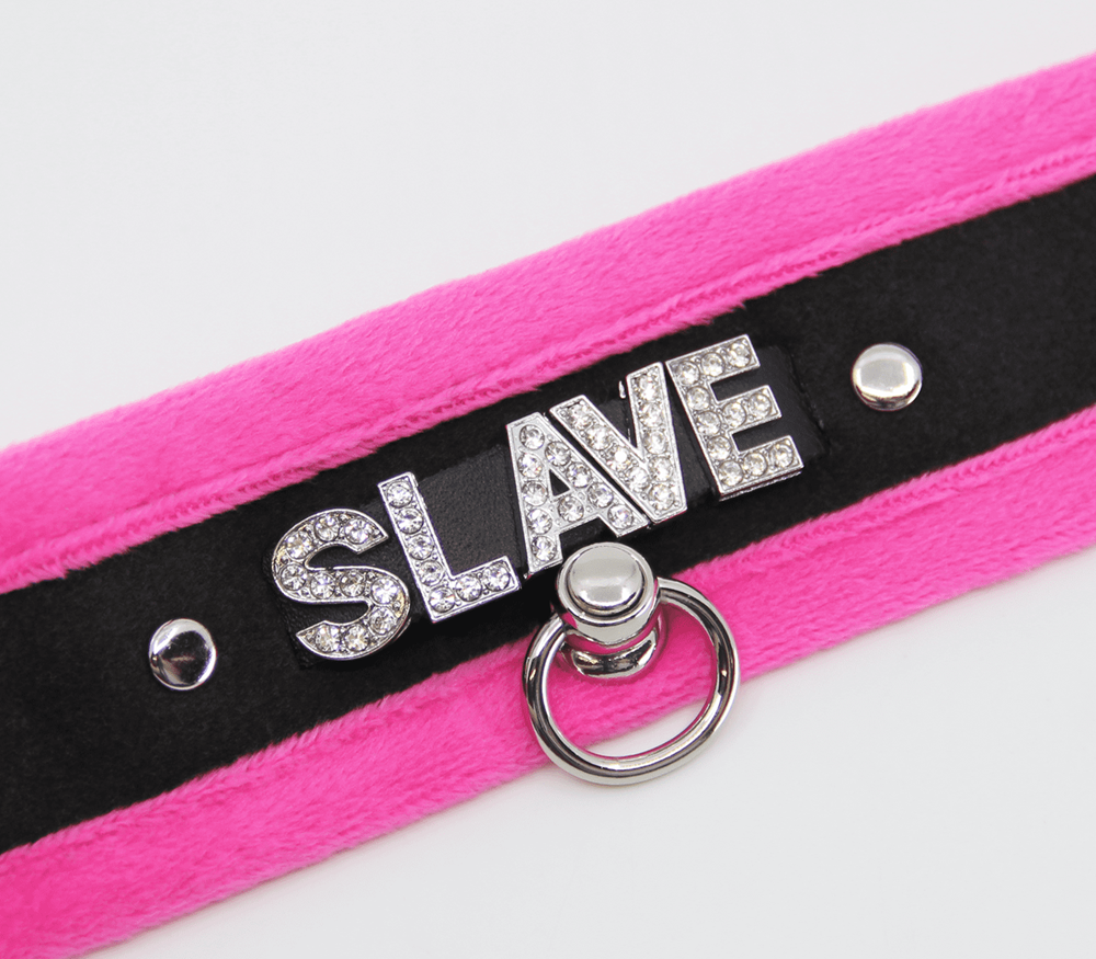 Love In Leather Diamante Slave Fluffy Fetish Collar - Pink - Collars and Leads