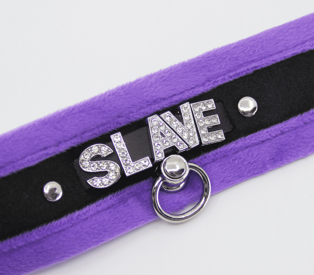 Love In Leather Diamante Slave Fluffy Fetish Collar - Purple - Collars and Leads