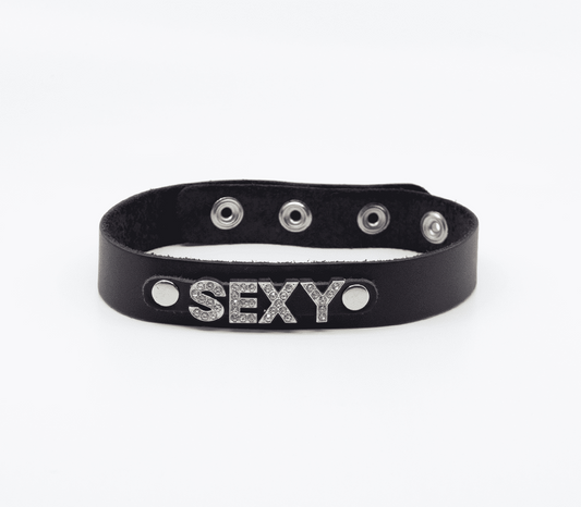 Love In Leather Diamante Sexy Word BDSM Collar - Collars and Leads