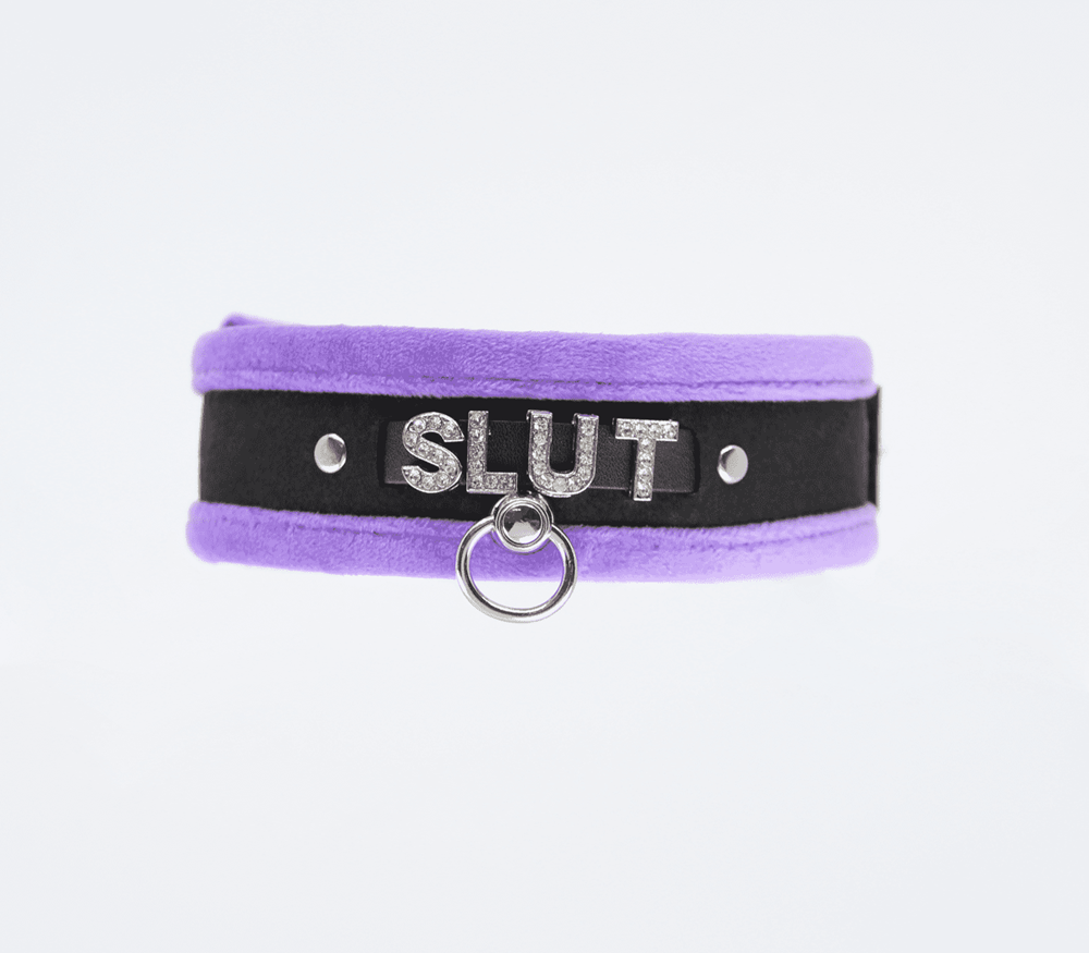 Love In Leather Diamante Slut Fluffy Fetish Collar - Purple - Collars and Leads