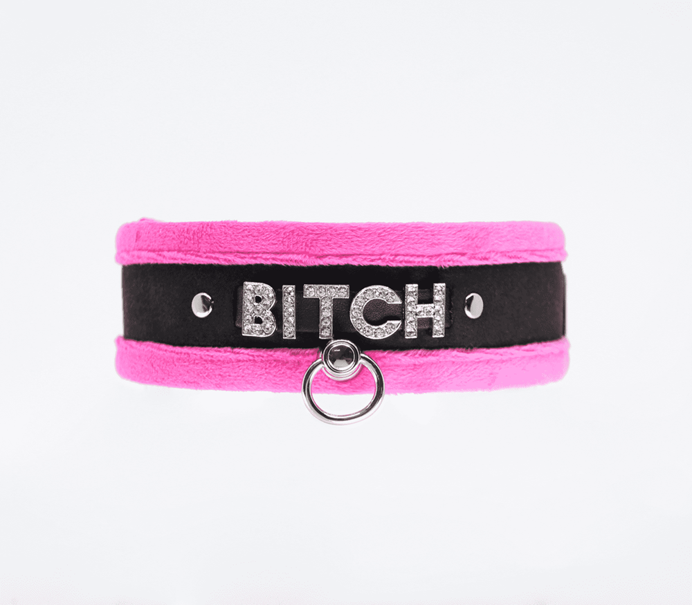 Love In Leather Diamante Bitch Fluffy Bondage Collar - Collars and Leads