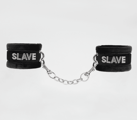Love In Leather Fluffy Diamante SLAVE Hand Cuffs - Cuffs And Restraints