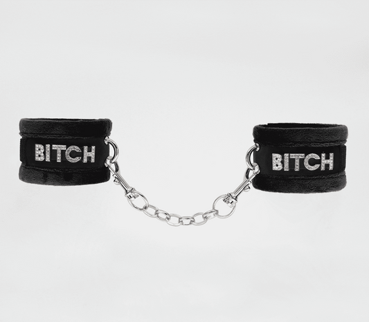 Love In Leather Diamante Bitch Fluffy Wrist Restraints - Cuffs And Restraints