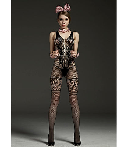 Rimes Lace Panel Crotchless Sexy Body Stockings - Her Fetish