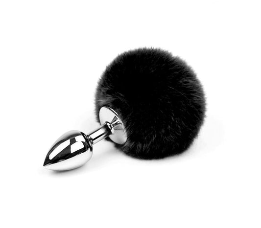 Love In Leather Faux Fur Bunny Tail Butt Plug Black - Butt Plugs