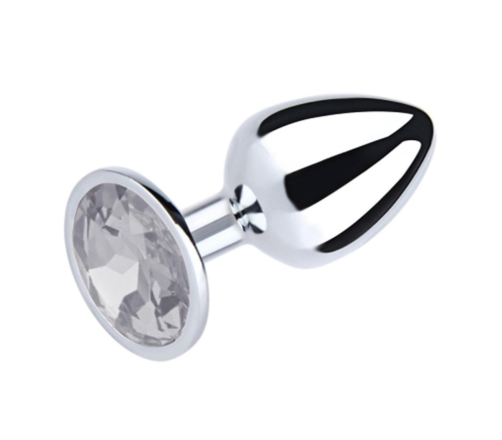 Love In Leather Metal Butt Plug With Round Gem Clear - Small - Butt Plugs