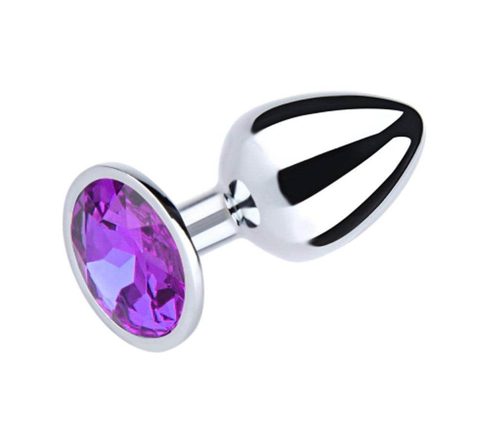 Love In Leather Metal Butt Plug With Round Gem Purple - Small - Butt Plugs