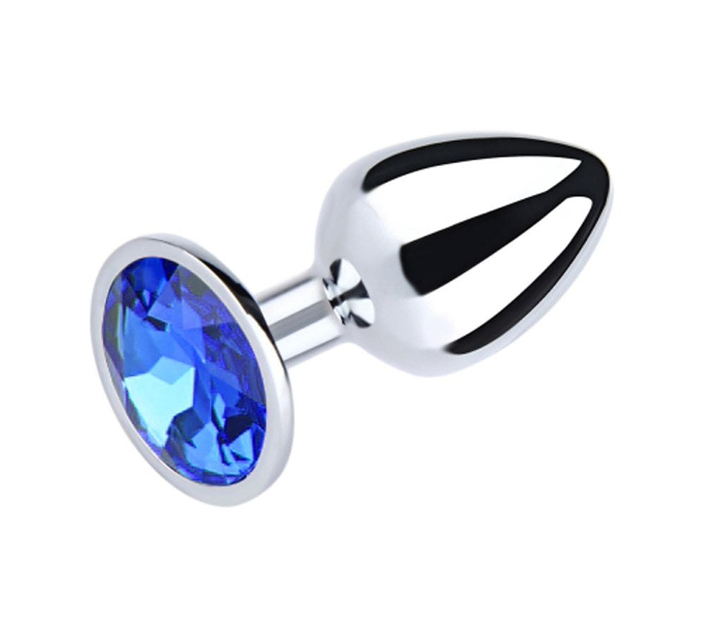 Love In Leather Metal Butt Plug With Round Gem Blue - Small - Butt Plugs