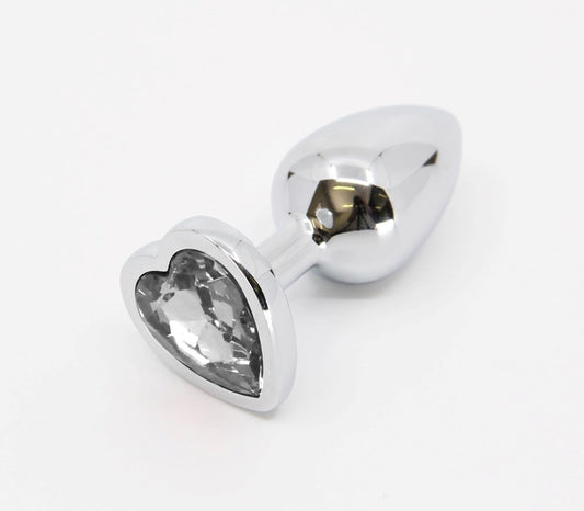 Love In Leather Metal Anal Plug With Heart Gem Clear - Butt Plugs