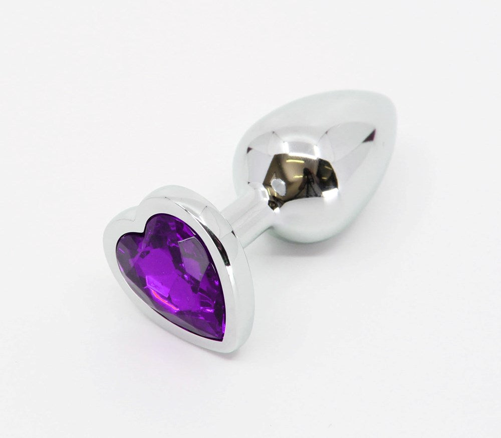 Love In Leather Metal Anal Plug With Heart Gem Purple - Small - Butt Plugs