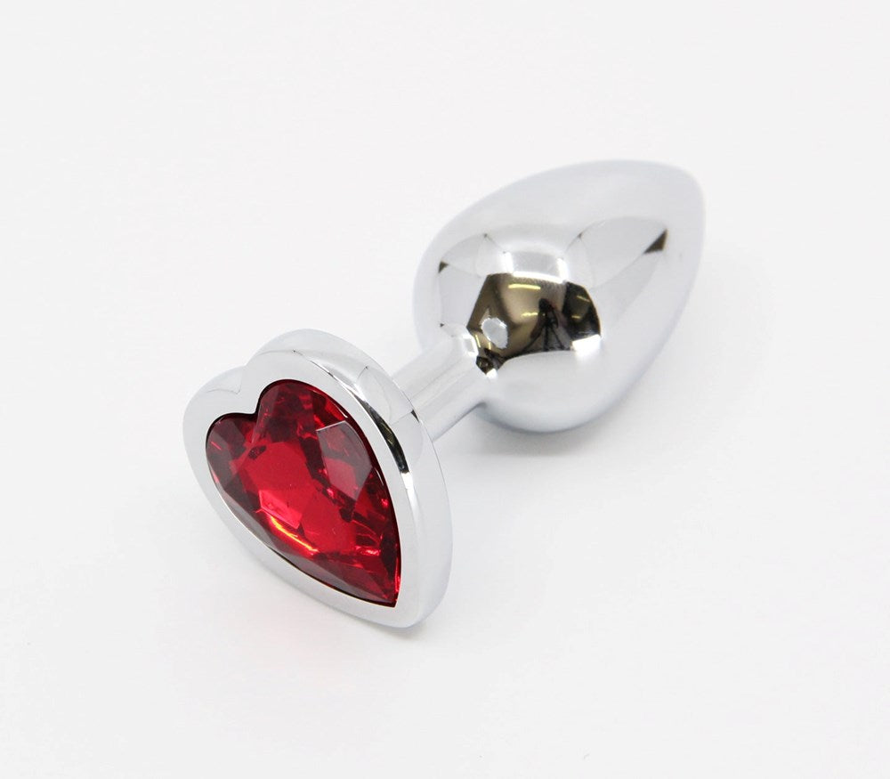 Love In Leather Metal Butt Plug With Heart Gem Red - Small - Butt Plugs