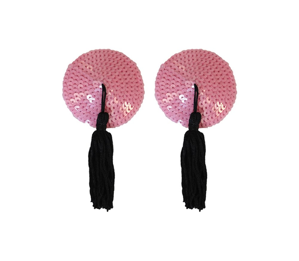 Love In Leather Round Sequin Nipple Tassels - Baby Pink - Breast and Nipple Toys