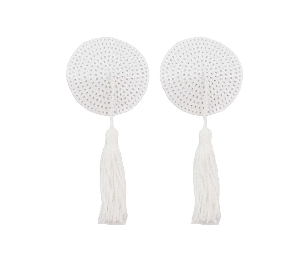 Love In Leather Round Sequin Nipple Tassels - White - Breast and Nipple Toys