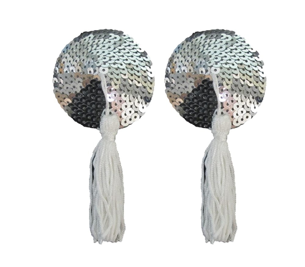 Love In Leather Round Sequin Nipple Tassels - Silver White - Breast and Nipple Toys