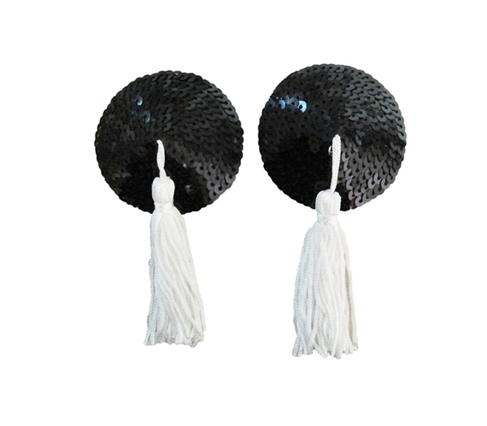 Love In Leather Round Sequin Nipple Tassels - Black White - Breast and Nipple Toys
