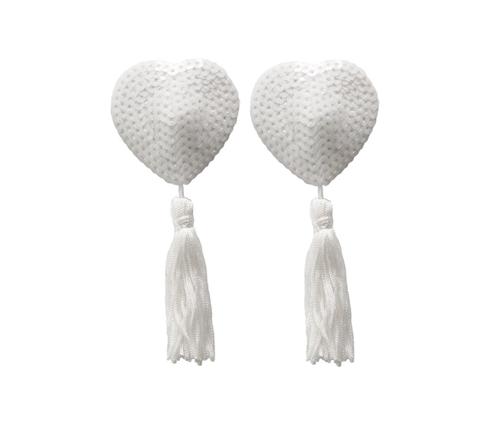 Love In Leather Heart Shape Nipple Tassels - White - Breast and Nipple Toys