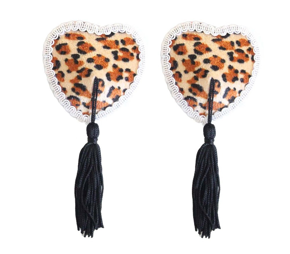 Love In Leather Heart Shape Nipple Tassels - Leopard Print - Breast and Nipple Toys