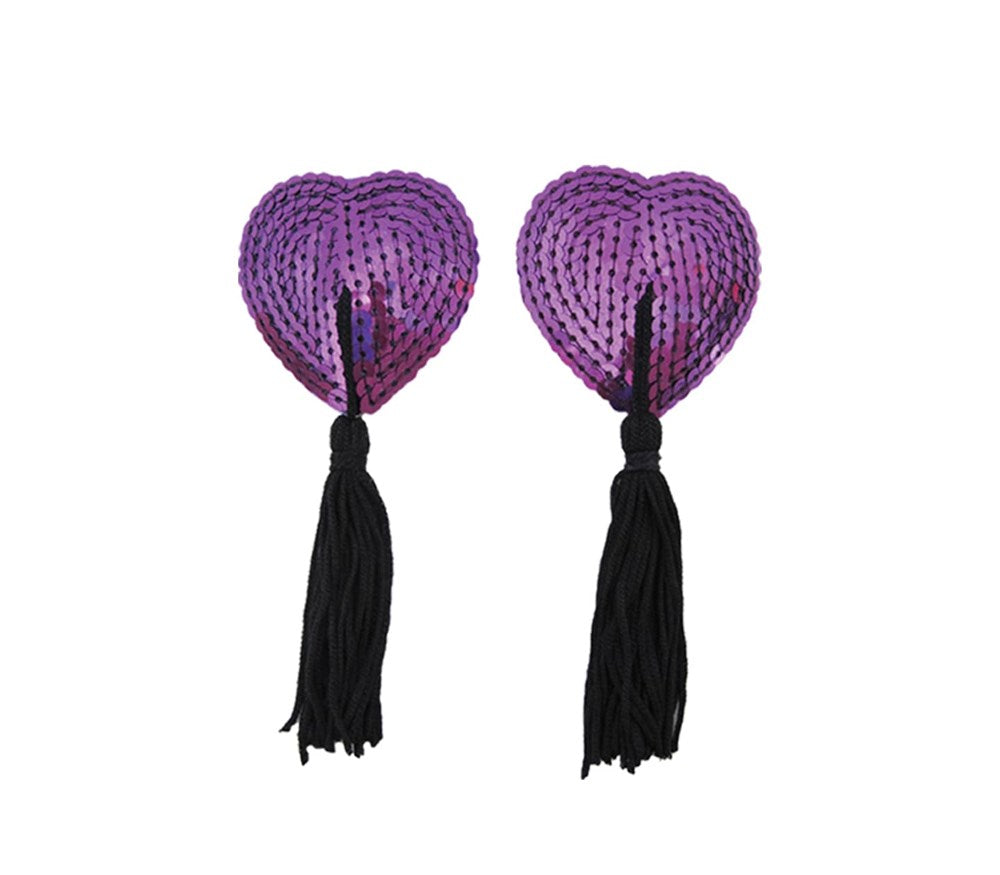Love In Leather Heart Shape Nipple Tassels - Purple - Breast and Nipple Toys