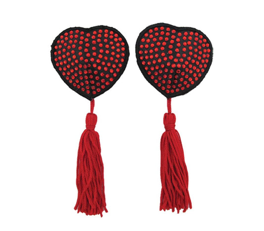 Love In Leather Heart Shape Rhienestone Nipple Tassels - Breast and Nipple Toys