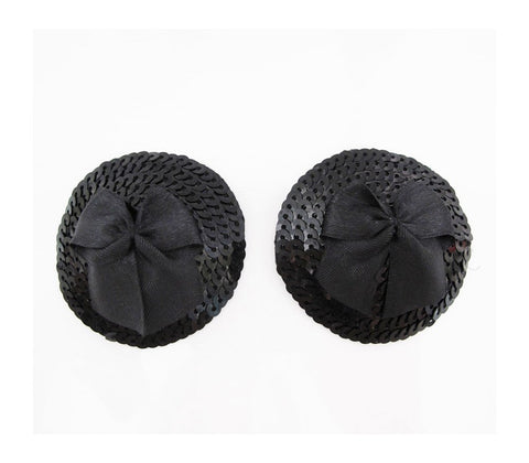 Love In Leather Round Sequin Nipple Pasties With Bow - Breast and Nipple Toys