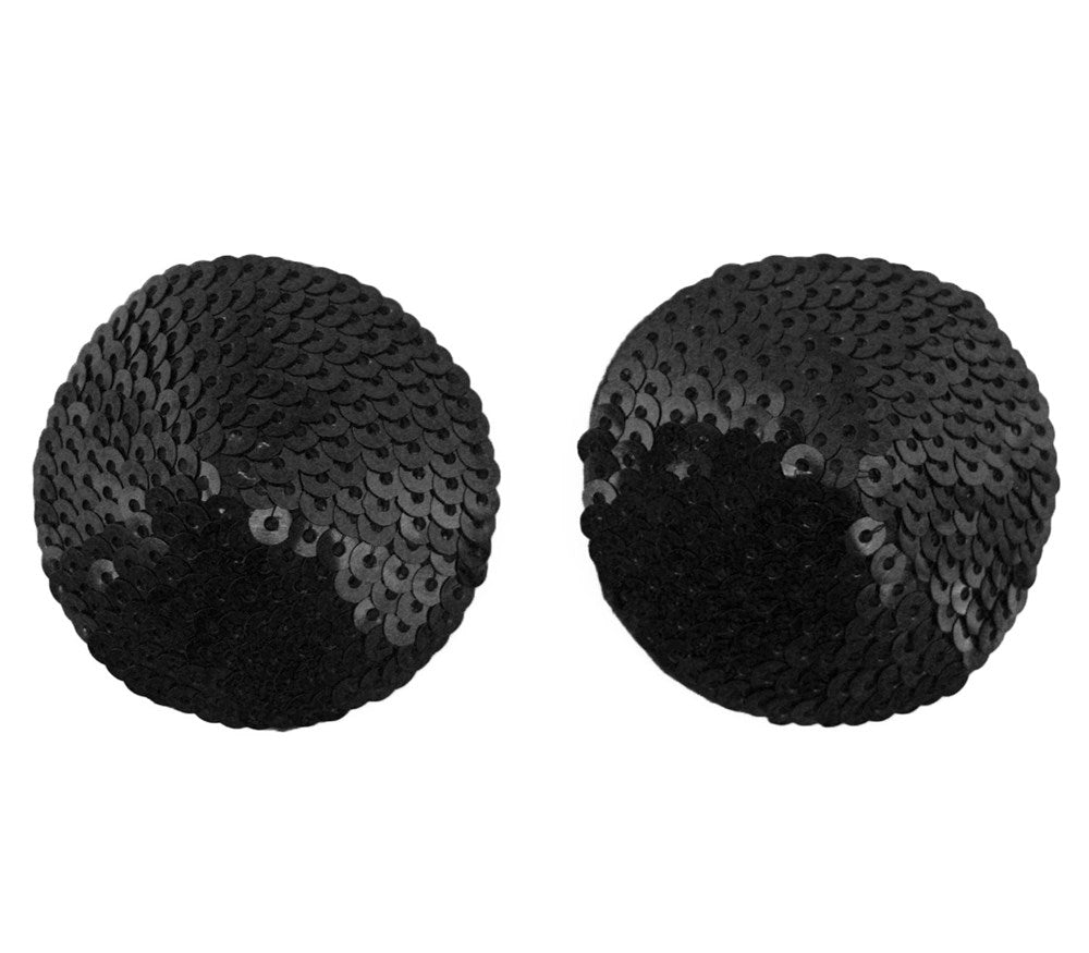 Love In Leather Round Sequin Nipple Pasties Black - Black - Breast and Nipple Toys