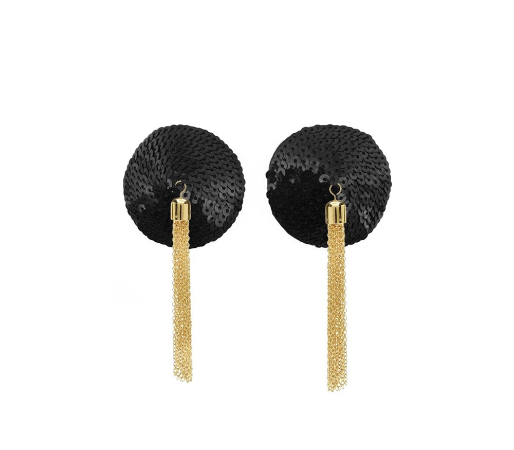 Love In Leather Sequin Pasties With Chain Tassels - Black - Breast and Nipple Toys