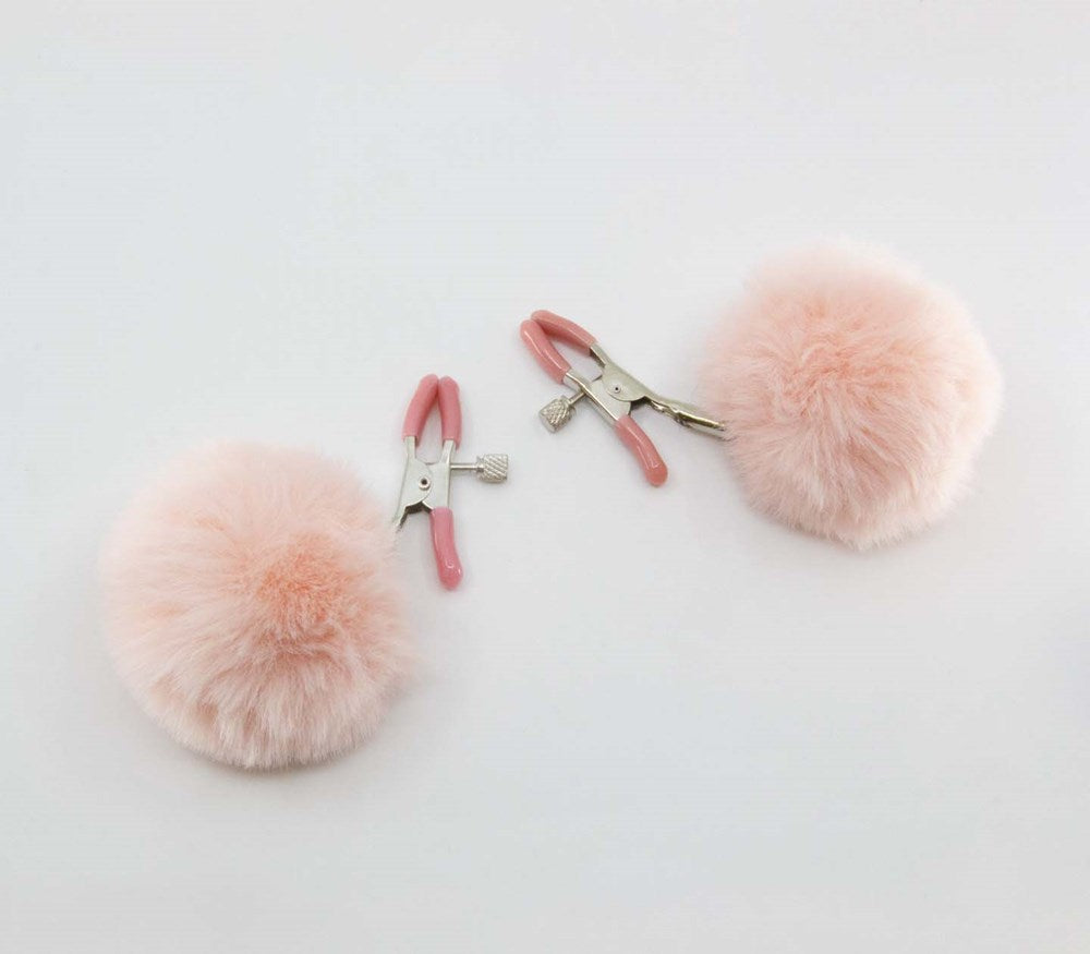 Love In Leather Pom Pom Womens Nipple Clamps - Pink - Nipple and Clit Clamps
