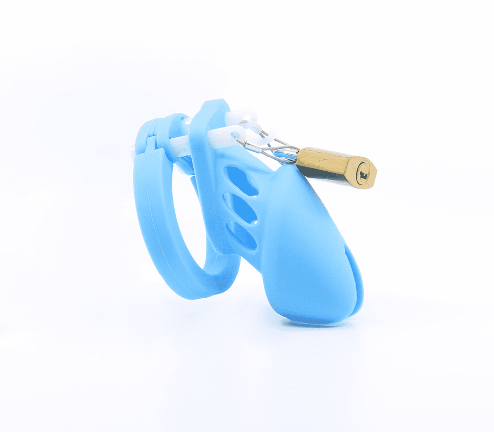 Love In Leather Silicone Male Chastity Cage Short - Blue - Male Chastity