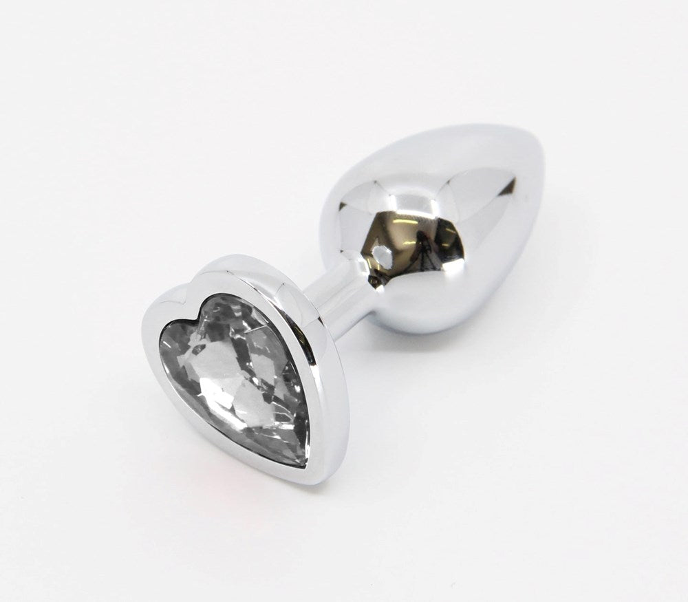 Love In Leather Metal Butt Plug With Heart Gem - Clear - Butt Plugs