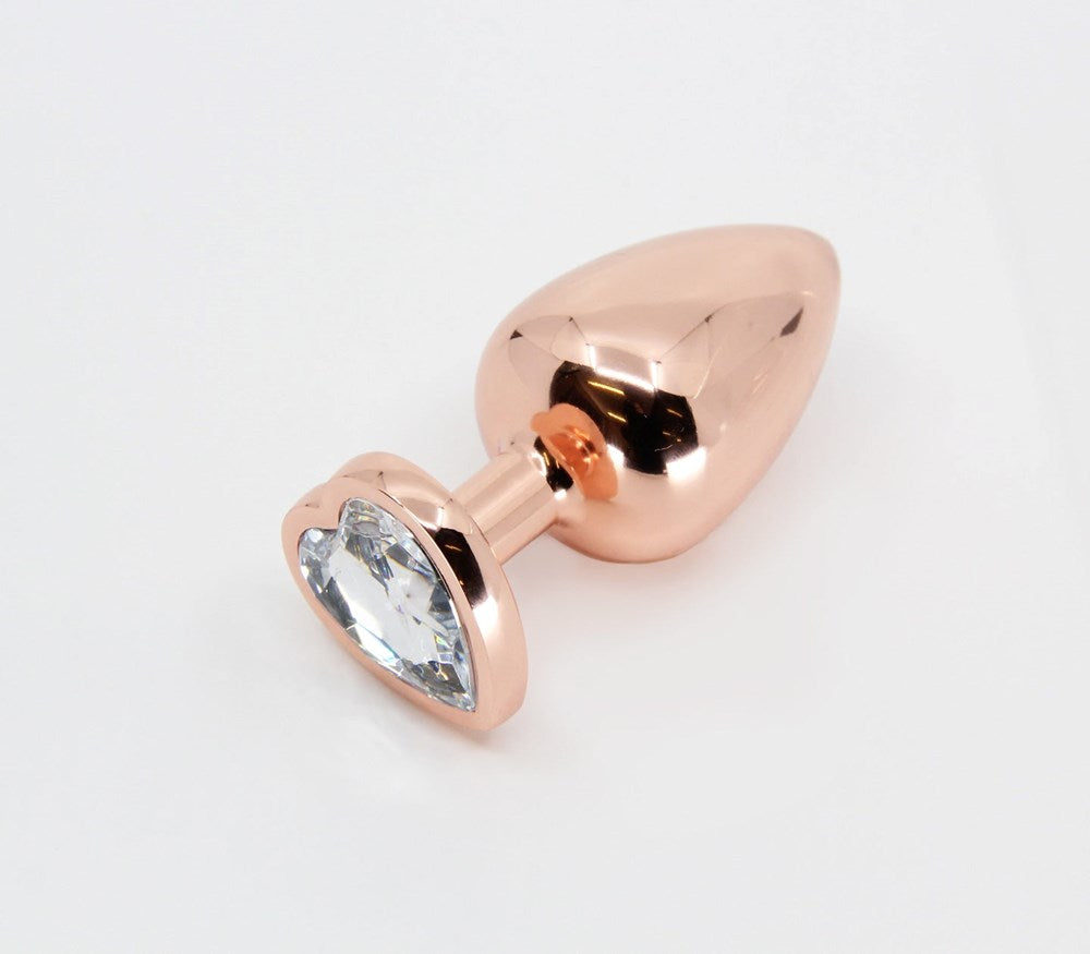 Love In Leather Metal Butt Plug With Heart Gem - Clear Medium Rose Gold - Butt Plugs