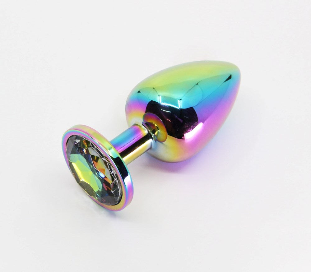 Love In Leather Round Gem Metal Anal Plug - Pride Rainbow Small Silver Chrome - Butt Plugs