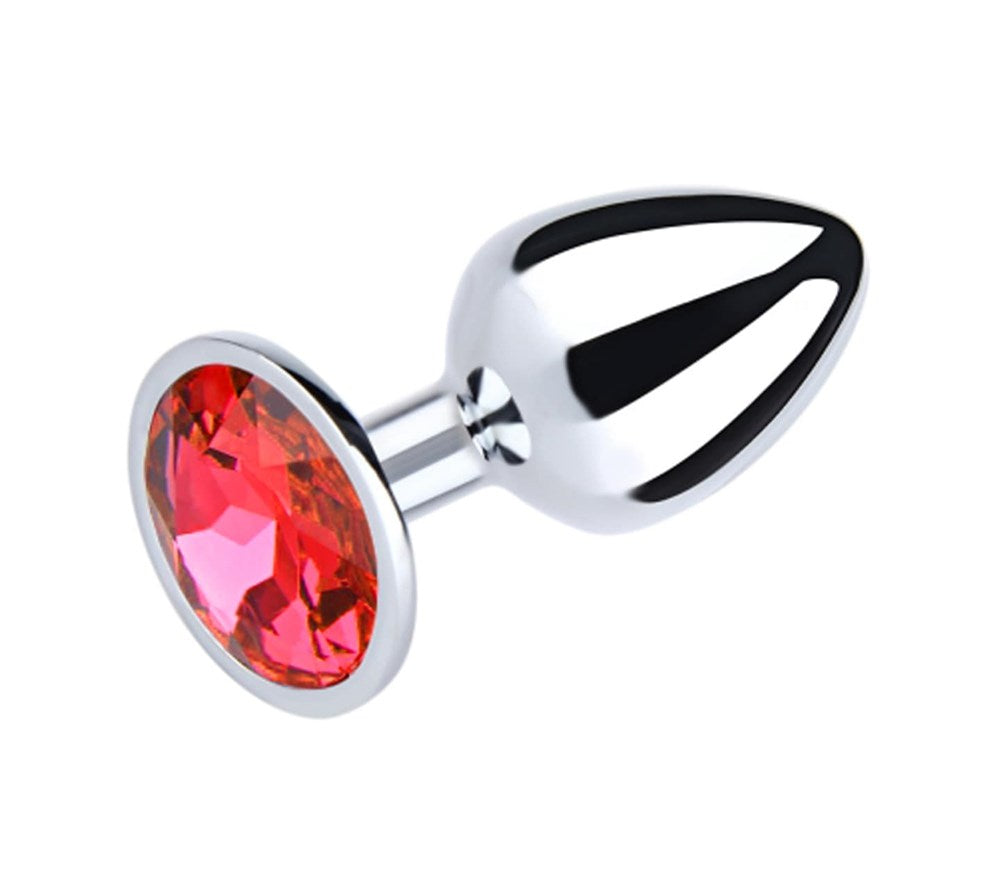 Love In Leather Round Gem Metal Anal Plug - Red Large Silver Chrome - Butt Plugs