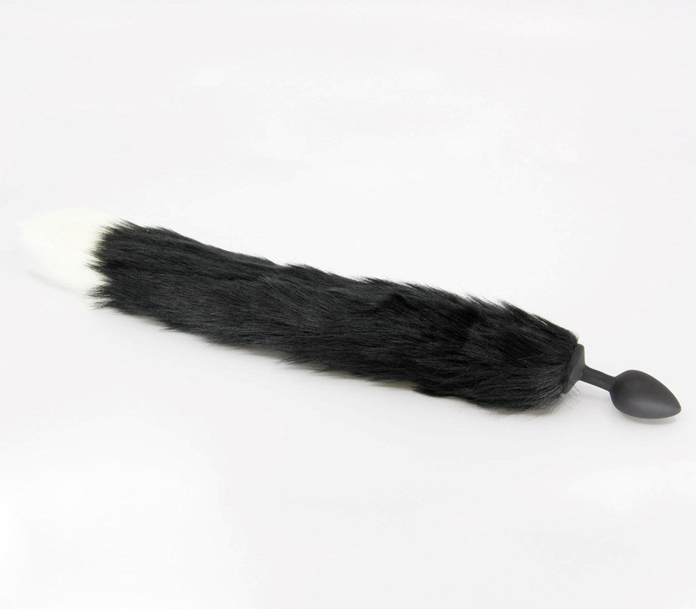 Love In Leather Fox Tail Silicone Butt Plug Small - Black White - Butt Plugs