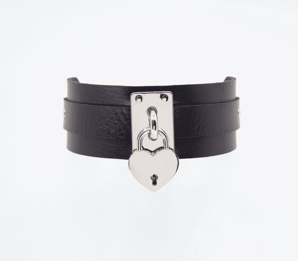 Love In Leather Heart Padlock Faux Leather Collar - Silver - Collars and Leads