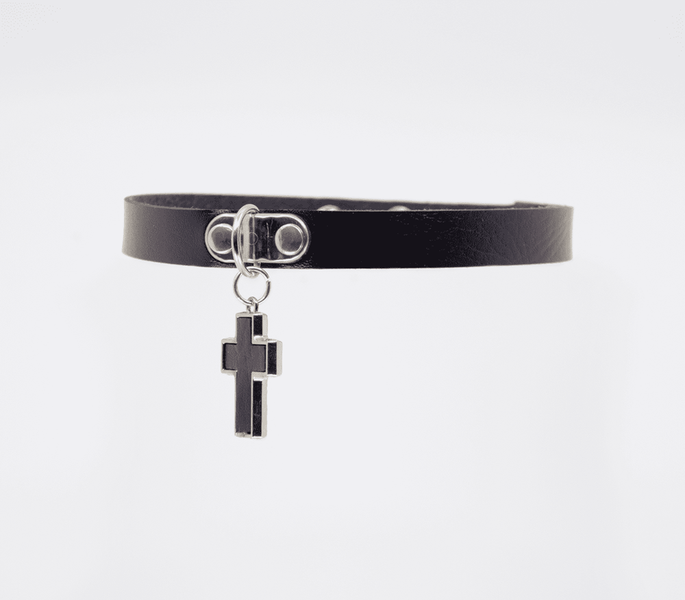 Love In Leather Cross Pendant Faux Leather Choke - - Collars and Leads