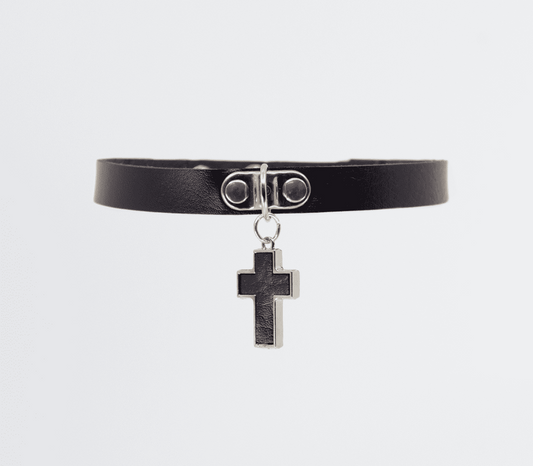 Love In Leather Cross Pendant Faux Leather Choke - Collars and Leads