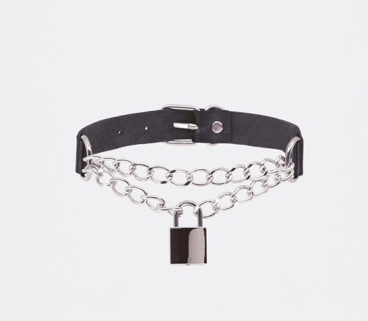 Love In Leather Chain Padlock Faux Leather Choker - Collars and Leads