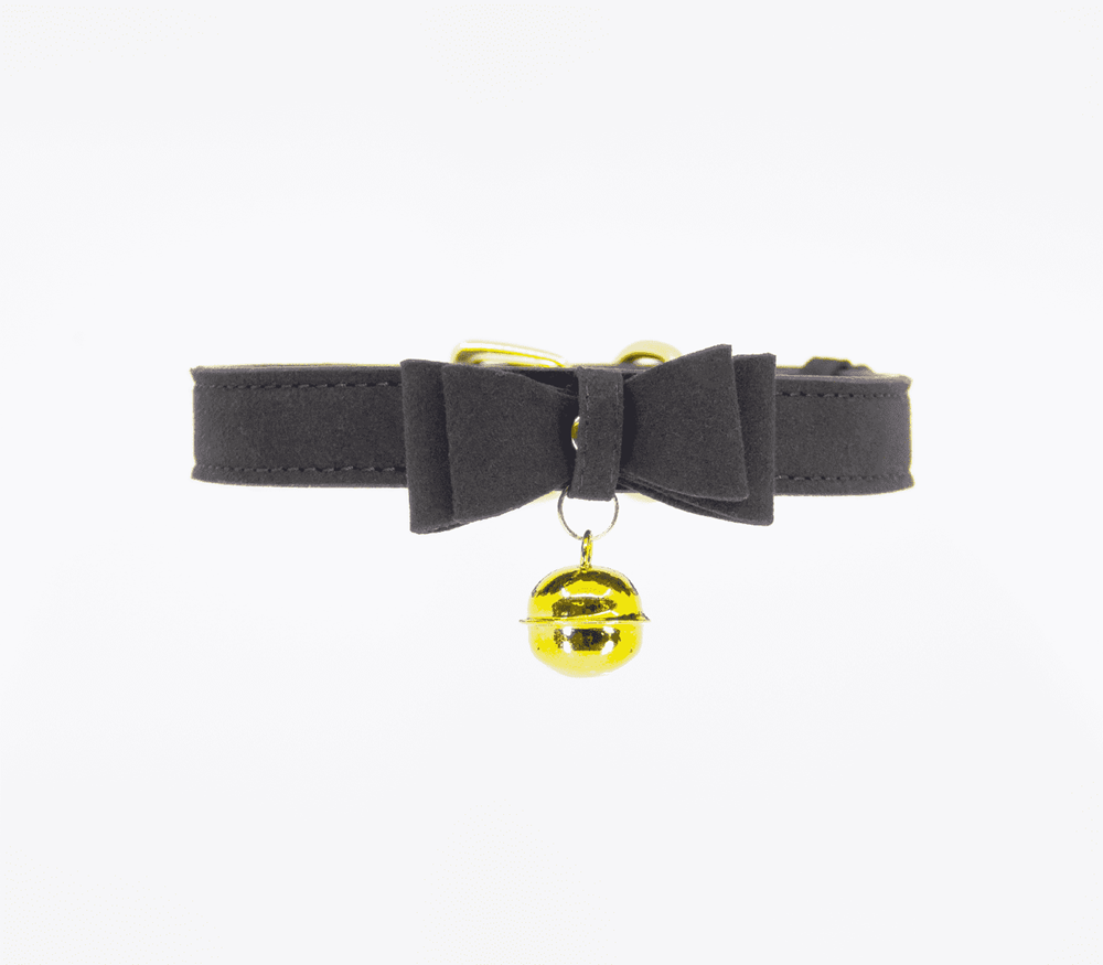 Berlin Baby Faux Suede Leather Bow Cat Bell Collar - Black - Collars and Leads