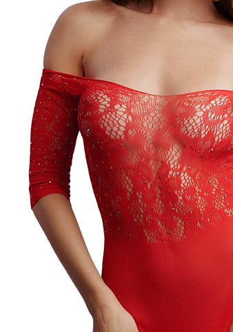 Le Desir Crotchless Rhinestone Sexy Teddy Red - Teddies and Bodysuits
